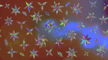 Parlak renkli fantezi çiçekleri, yapraklar, kahverengi ve mavi renkli tomurcuklar, kahverengi ve mavi. Suluboya el çizimi elementli çiçek çizimi deseni.