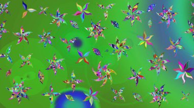 Sevimli çiçek raster deseni. Renkli Yaz Temalı eskiz kalıbı. Yeşil ve mavi renkte çiçekler. Düz Çiçek Elementleri Tasarımı.