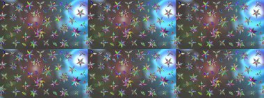 Çiçekler. Soyut etnik raster çizim kalıbı. Vadinin çiçekleri gri ve mavi renklerde.