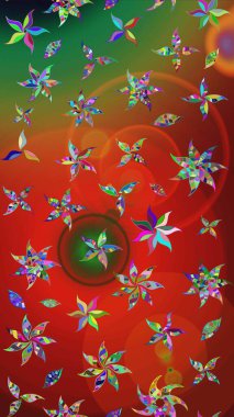 Raster illüstrasyonundaki çiçek desenli çizim. Kırmızı ve yeşil renkte çiçekler.