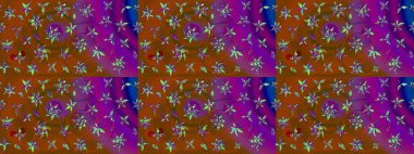 Raster düz çiçek çizim deseni. Hediye ambalaj kağıdı, tebrik kartları, posterler ve pankart tasarımı. Kahverengi ve mor renkte çiçekler.