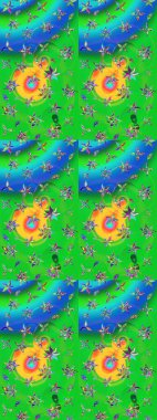 Modern çiçek arkaplanı. Halk tarzı. Moda baskıları için zarif bir şablon. Parlak renkli çiçekleri ve yeşil ve mavi renkte yaprakları olan muhteşem bir çiçek deseni..