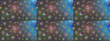 Tekrar eden çiçek arkaplanı, zarif gri ve mavi çiçek duvar kağıdı. Gri ve mavi renkler üzerine çiçek desenli çizimler, el yapımı papatyalar, papatyalar..