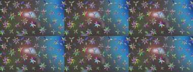 Mavi ve gri renkli küçük çiçekler ve mavi ve gri renkli komik böcekler, raster deseni, illüstrasyon.