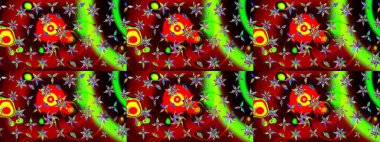 Küçük çiçekli basit bir çiçek çizimi. Kırmızı ve yeşil renkte şirin çiçekler. Moda baskısı, albüm, ambalaj kağıdı ve duvar kağıdı için zarif dekoratif süslemeler. Raster illüstrasyonu.