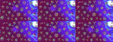 Patlayan çiçekler soyut olarak yerleştirilmiş. Raster deseni. Mor ve mor renkte bahar çiçekleri. Raster illüstrasyonu.