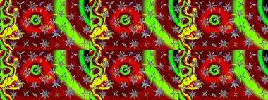 Sevimli çiçek raster deseni. Çiçekler kırmızı ve yeşil renklerde. Renkli Bahar Teması eskiz kalıbı. Düz Çiçek Elementleri Tasarımı.