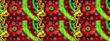 Sevimli çiçek raster deseni. Çiçekler kırmızı ve yeşil renklerde. Renkli Bahar Teması eskiz kalıbı. Düz Çiçek Elementleri Tasarımı.