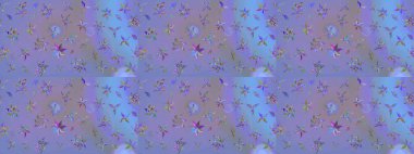 Çiçek desenli çizim. Raster illüstrasyonu. Asya tekstil tarzında. Mor ve mavi renkte çiçekler. Renkli Bahar Teması eskiz kalıbı. Düz Çiçek Elementleri Tasarımı.