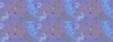 Menekşe rengi ve parlak çiçekli mavi renkler üzerine soyut çizim deseni. Çiçeksel elementlerle süslenmiş zarif raster dokusu. Küçük çiçekte şirin bir çiçek deseni var..