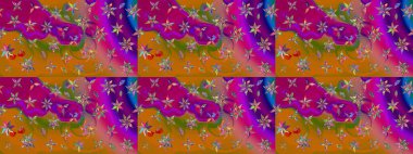 Varicolopurple ve turuncu raster çizimi. Bir sürü mor ve turuncu soyut çiçekli tropik eskiz deseni. Küçük çiçekte sevimli çiçek deseni var..