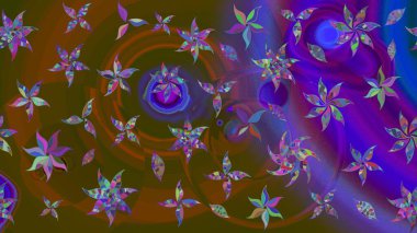 Kahverengi ve mor renkli çiçekler. Düz Çiçek Elementleri Tasarımı. Raster illüstrasyonundaki çiçek desenli çizim. Renkli Bahar Teması çizim şablonu.