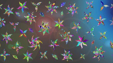 Parlak renkli fantezi çiçekleri, yapraklar mavi ve gri renkli tomurcuklar ve mavi ve gri renkler. Suluboya el çizimi elementli çiçek çizimi deseni.