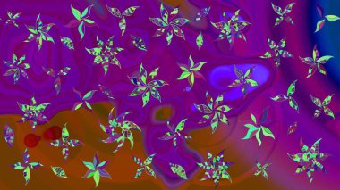 Raster illüstrasyonu. Yumuşak, bahar çiçekleri mor ve kahverengi renklerde. Çiçek ve yapraklı karalama şeklinde Raster çiçek deseni.