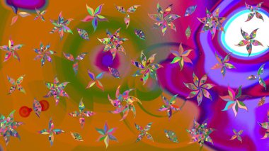 Turuncu ve kahverengi renklerde bahar çiçekleri. Yaprak ve çiçeklerin suluboya resimleri, turuncu ve kahverengi renkler üzerine çizimler. Raster illüstrasyonu.