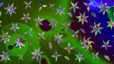 Düz Çiçek Elementleri Tasarımı. Yeşil ve mavi renkte çiçekler. Raster illüstrasyonundaki çiçek desenli çizim. Renkli Bahar Teması çizim şablonu.