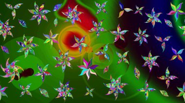 Raster Çiçek İllüstrasyonu güzel tekstil. Yeşil ve siyah renkte etnik çiçeklerle süslenmiş zarif bir eskiz..