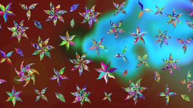 Mavi ve kırmızı renkte çiçekler. Raster düz çiçek çizim deseni. Tasarım hediye paketi, tebrik kartları, posterler ve afiş tasarımı.