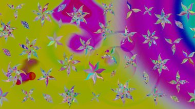 Çiçek tasarımı için inanılmaz bir kolaj cenneti tarzı. Çiçekli zambakların eskiz geçmişi. Parlak çiçekli kolaj çiçekleri yeşil ve mor.