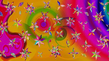 Raster Floral Illustration, Asyalı tekstil. Sarı ve morumsu renklerdeki etnik çiçeklerle zarif bir eskiz deseni..