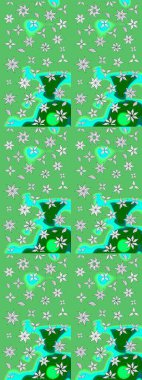 Küçük çiçekli basit bir çiçek çizimi. Raster illüstrasyonu. Moda baskısı, albüm, ambalaj kağıdı ve duvar kağıdı için zarif dekoratif süslemeler. Yeşil ve mavi renkte şirin çiçekler..