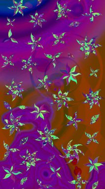 Raster illüstrasyonu. Mor ve kahverengi renkte çiçekler. Küçük çiçekte sevimli çiçek deseni var..