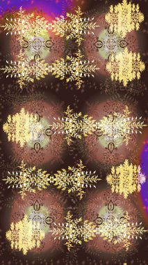 Noel ve yeni yıl moda baskıları için tatil tasarımı. Kahverengi, bej ve mor kar taneleri. Raster illüstrasyonu. Renkler. Kar taneleri soyut arkaplan ile Noel sevimli arka plan.