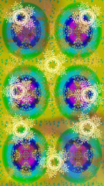 Yeşil, sarı ve mavi siluet kar tanesi işareti. Sembol kışı, donmuş, Noel, yeni yıl tatili. Düz dizayn. Grafiksel element dekorasyonu. Raster illüstrasyonu. Kar Tanesi mozaik simgesi.