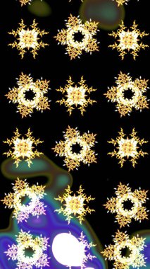 İllüzyon. Güzel, siyah, sarı ve kahverengi kar taneleri renkli bir arka planda izole edilmiş. Kar taneleri, kar yağışı. Düşen Noel stilize kar taneleri.