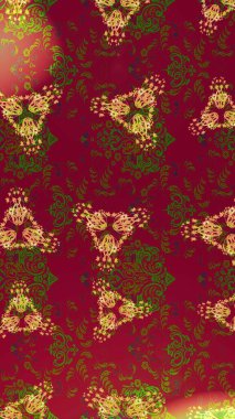 El çizimi çiçek çizimi deseni (fayans). Tekstil için suluboya eskiz deseni. Şirin çiçekleri, desenleri, kırmızı, yeşil ve kahverengi renkleri olan renkli çizim deseni.