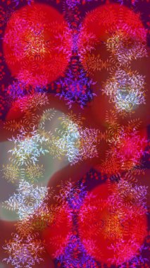 Raster illüstrasyonu. Kırmızı, mor ve kahverengi kar taneleri. Kar tanelerinin soyut arkaplanlı Noel şablonu. Noel ve Yeni Yıl moda baskıları için tatil tasarımı.