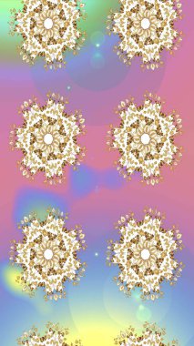 Renkli arka planda izole kar taneleri. Kış kar tanesi, raster arka plan. Yüzey için tekrarlanan doku, ambalaj kağıdı, altın renkler. Raster illüstrasyonu.