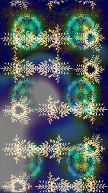 Sanat terapisi tarzı zen çizim için mavi, gri ve yeşil mandala şeklinde kar taneleri. El çizimi, dövme stili, kumaş tasarımı ve Raster illüstrasyonunda kartlar..