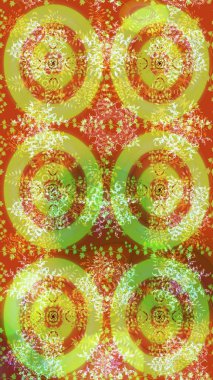 Turuncu, sarı ve yeşil renkli kar taneleri. Renkli arka planda izole tatlı kar taneleri. Kar tanesi raster deseni. Raster illüstrasyonu.