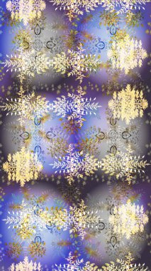 İllüzyon. Kar taneleri, kar yağışı. Güzel raster rengi, gri ve mor kar taneleri renkli bir arkaplanda izole edilmiş. Düşen Noel stilize kar taneleri.