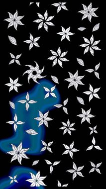 Çiçekli karalama şeklinde Raster çiçek deseni. Siyah ve mavi renkte çiçekler. Nazik, narin çiçek arkaplanı.