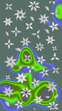 Raster illüstrasyonu. Raster illüstrasyonu. Asya tekstil tarzında. Tarafsız ve yeşil renklerde çiçekler. Çiçek desenini çiz.