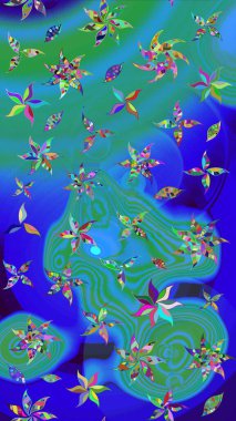 Raster çiçekleri klasik tarzda çizilmiş. Yumuşak, bahar çiçekleri mavi ve yeşil renklerde. Raster illüstrasyonu. Çiçekli yumuşak çizim deseni.