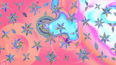 Pembe ve nötr arkaplanda. Çocuksu tasarım. Tekstil, kumaş, ambalaj, hatıra defteri için hoş bir çiçek arkaplanı. Elle çizilmiş karalama çiçekleri ile Raster çizim deseni.