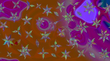 Raster illüstrasyonu. Çiçekli karalama şeklinde Raster çiçek deseni. Yumuşak, bahar çiçekleri kahverengi ve mor renklerde.