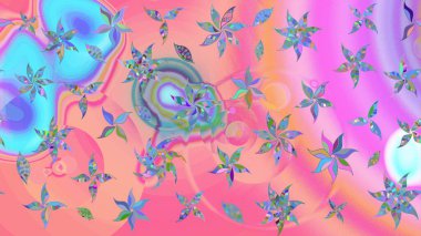 Küçük çiçekte hoş bir çiçek deseni var. Pembe ve mavi renkler ve parlak çiçekler üzerine soyut çizim deseni. Çiçek elementli zarif raster dokusu..