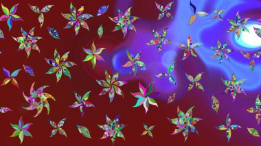 Raster illüstrasyonu. Asya tekstil tarzında. Raster illüstrasyonu. Kırmızı ve mor renkte çiçekler. Çiçek desenini çiz.