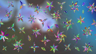 Mavi ve gri renkli küçük çiçekler ve mavi ve gri renkli komik böcekler, raster deseni, illüstrasyon.