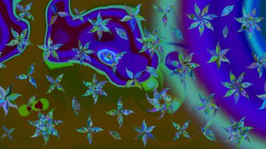 Çiçek desenli çizim. Raster illüstrasyonu. Düz Çiçek Elementleri Tasarımı. Kahverengi ve mavi renkli çiçekler. Renkli Bahar Teması eskiz kalıbı. Asya tekstil tarzında.