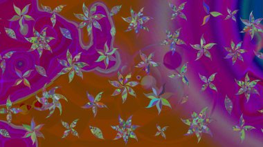 Raster illüstrasyonu. Yaprak ve çiçeklerin suluboya resimleri, mor ve kahverengi renkler üzerine çizimler. Yumuşak, bahar çiçekleri mor ve kahverengi renklerde.