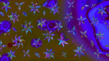 Çiçekli yumuşak bir eskiz şekli. Raster illüstrasyonu. Yumuşak, bahar çiçekleri kahverengi ve mor renklerde. Raster çiçekleri klasik tarzda resmedilir..