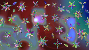 Raster illüstrasyonundaki çiçek desenli çizim. Kahverengi ve mavi renkte çiçekler.