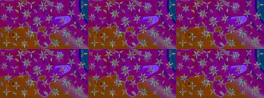 Çiçekler. Soyut etnik raster çizim kalıbı. Vadinin çiçekleri mor ve kahverengi renklerde.