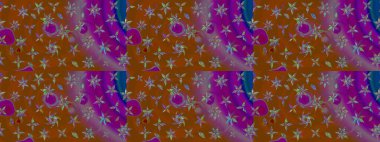 Raster illüstrasyonundaki çiçek desenli çizim. Kahverengi ve mor renkli çiçekler. Renkli Yaz Temalı eskiz kalıbı. Düz Çiçek Elementleri Tasarımı.