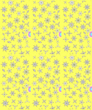 Zarif, parlak ve sarı çiçek desenli bir taslak. Sabıka fotoğraflarında, bebek kıyafetlerinde, duvar kâğıtlarında, paket kutularında falan kullanılabilir. Raster..